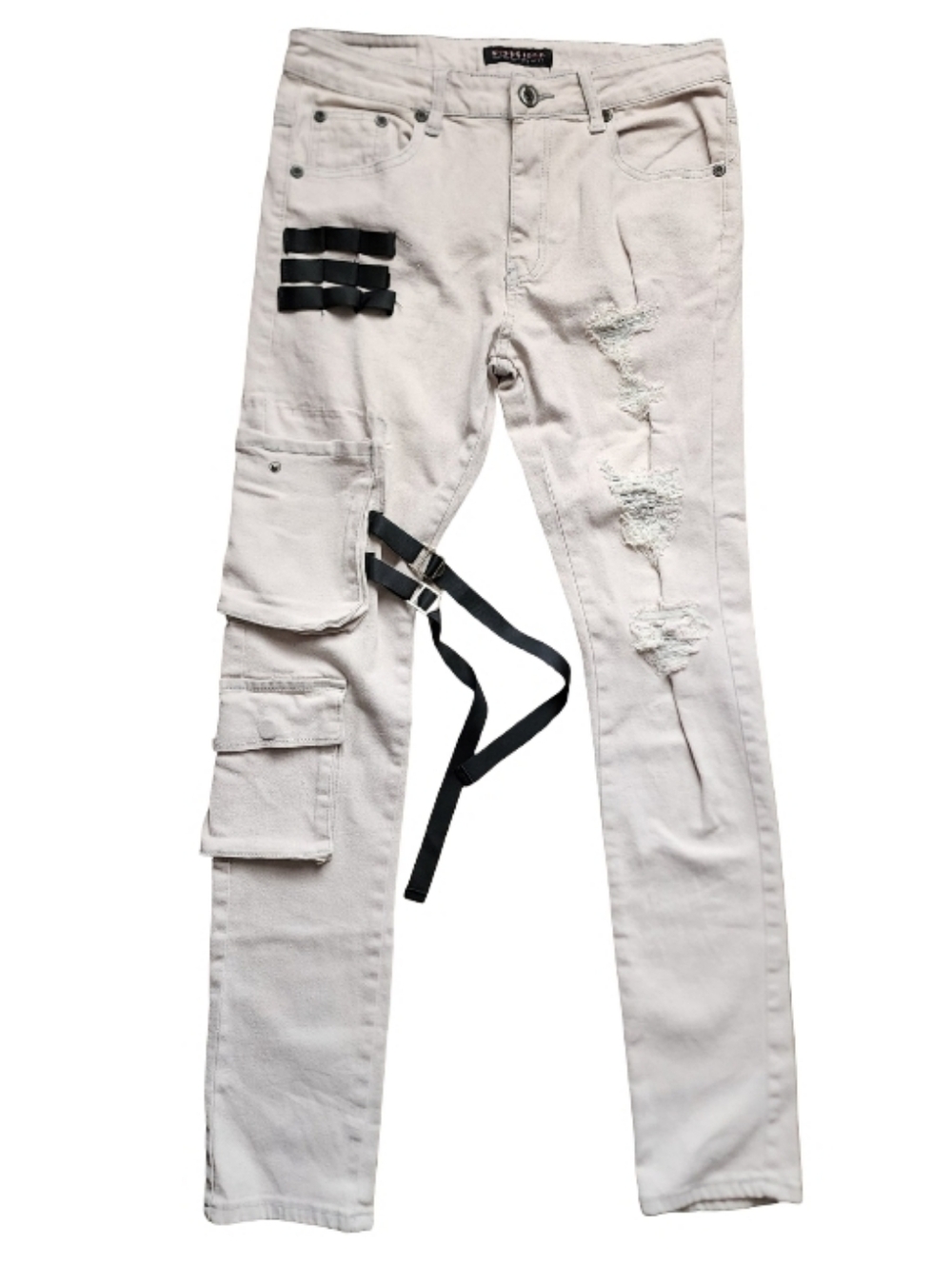 M Society Distressed Cargo Jeans Beige Strap Punk Utility Men's 32x32